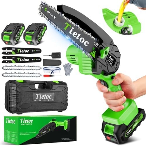 Tietoc 6-Inch Mini Chainsaw with 2 Batteries & Case, Green