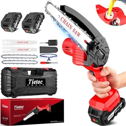 Tietoc 6-Inch Mini Chainsaw with 2 Batteries & Case, Red