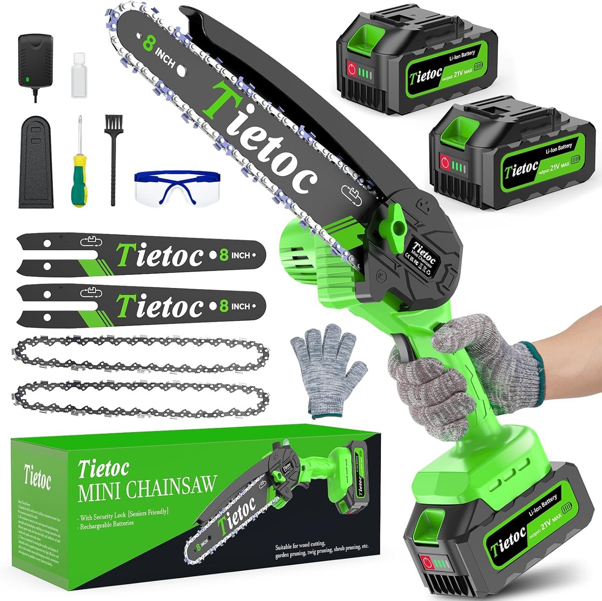 Tietoc 8-Inch Mini Chainsaw with 2 × 4000mAh Batteries