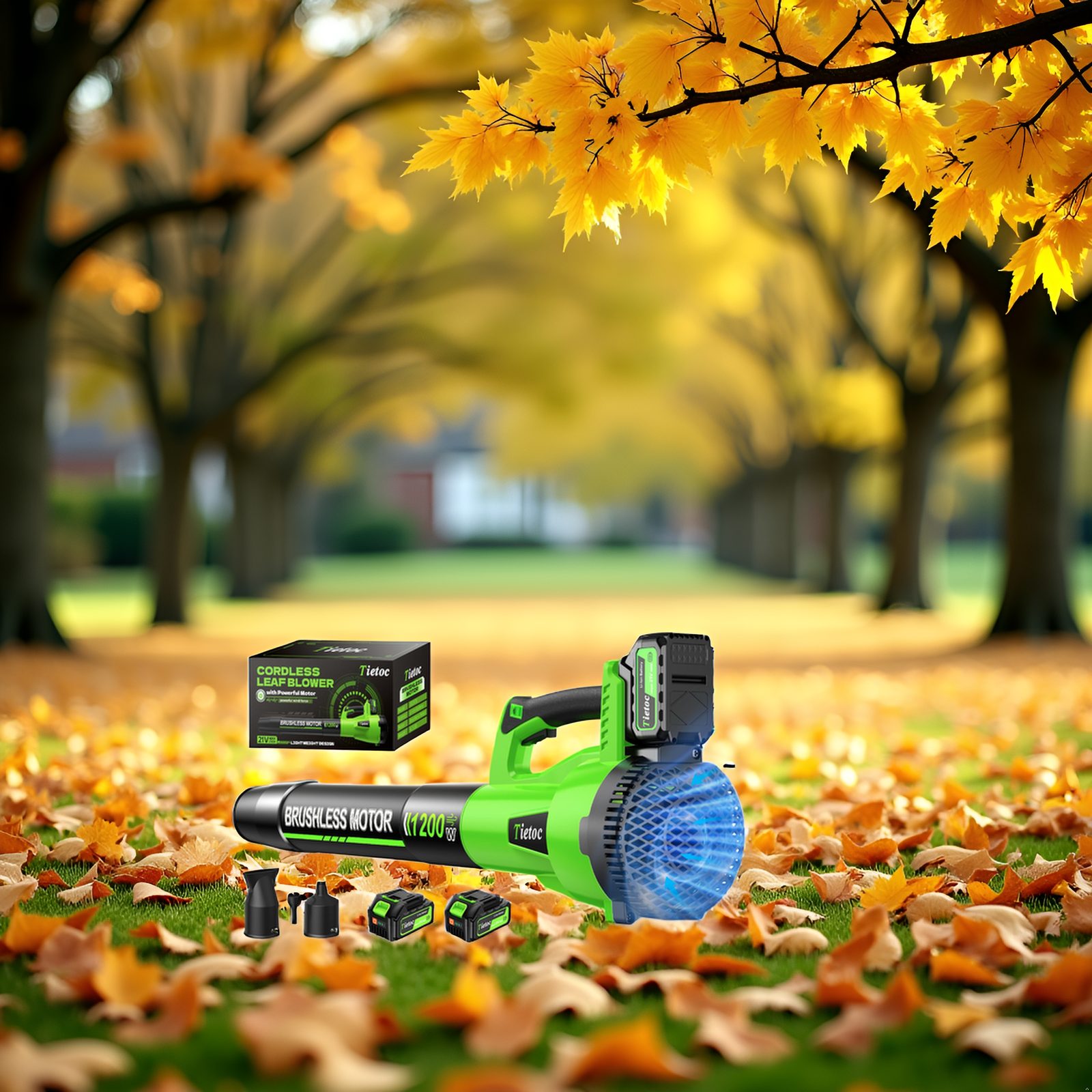 Tietoc cordless leaf blower on autumn leaves