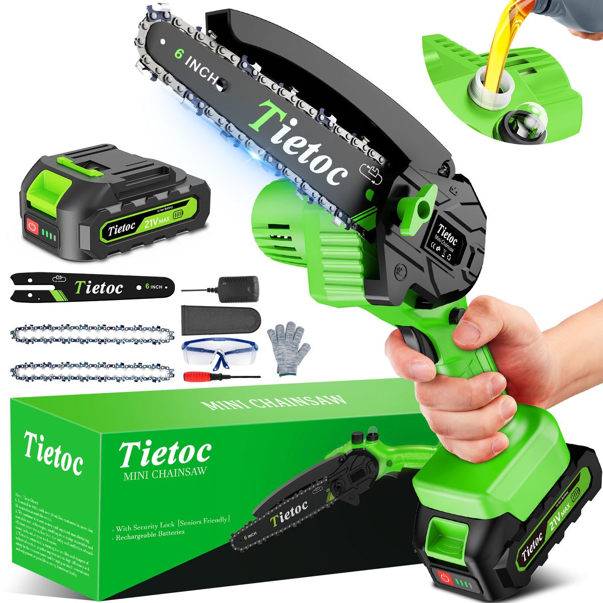 Tietoc mini chainsaw with battery, chains, gloves and goggles